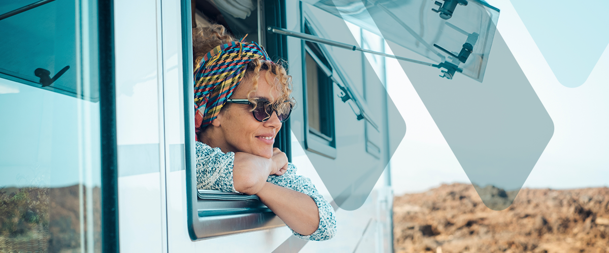 Woman looking out trailer window